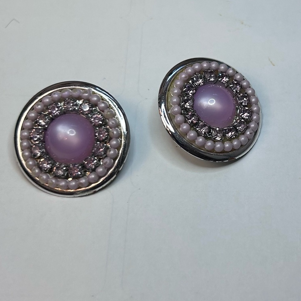 Costume jewelry Round clips on‎ earrings pink white pearls with rhinestones - Picture 6 of 10